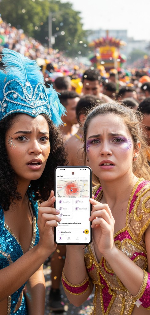Foliões consultando o app no Carnaval